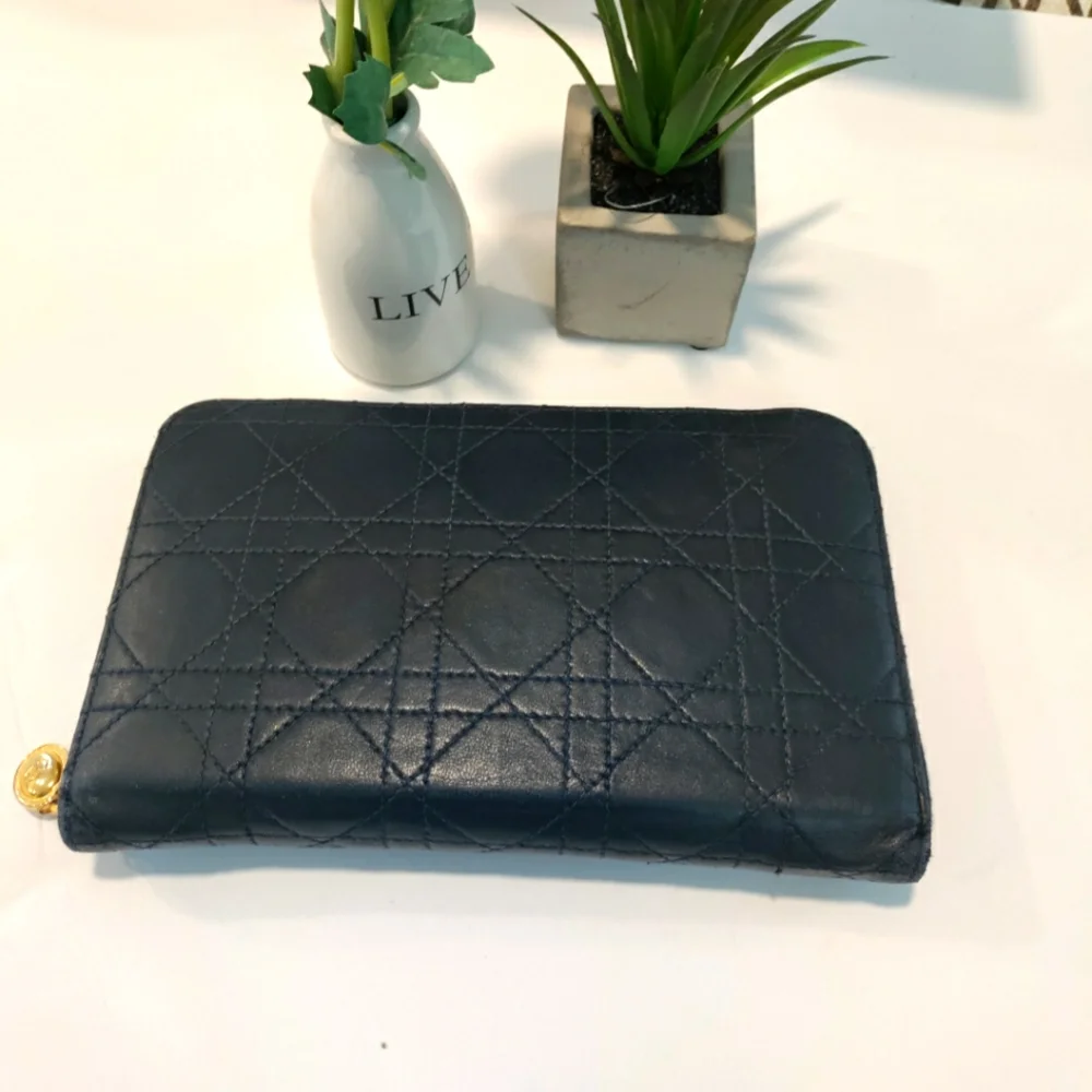 Dior Navy Blue Zip round wallet Cannage